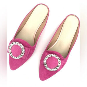 WAMBHC Rhinestone Hot Pink Flats Shoes Slip On Pointed Toe Mule Size 8.5-9